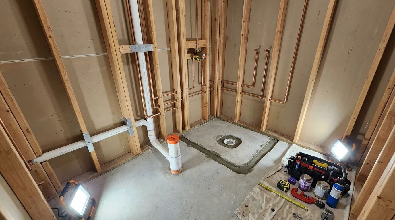 Bathroom rough-in plumbing during remodel by Johns Plumbing LLC in Roseland