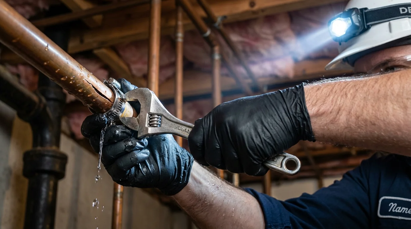 Emergency pipe clamp repair being performed by a Johns Plumbing LLC plumber in Roseland