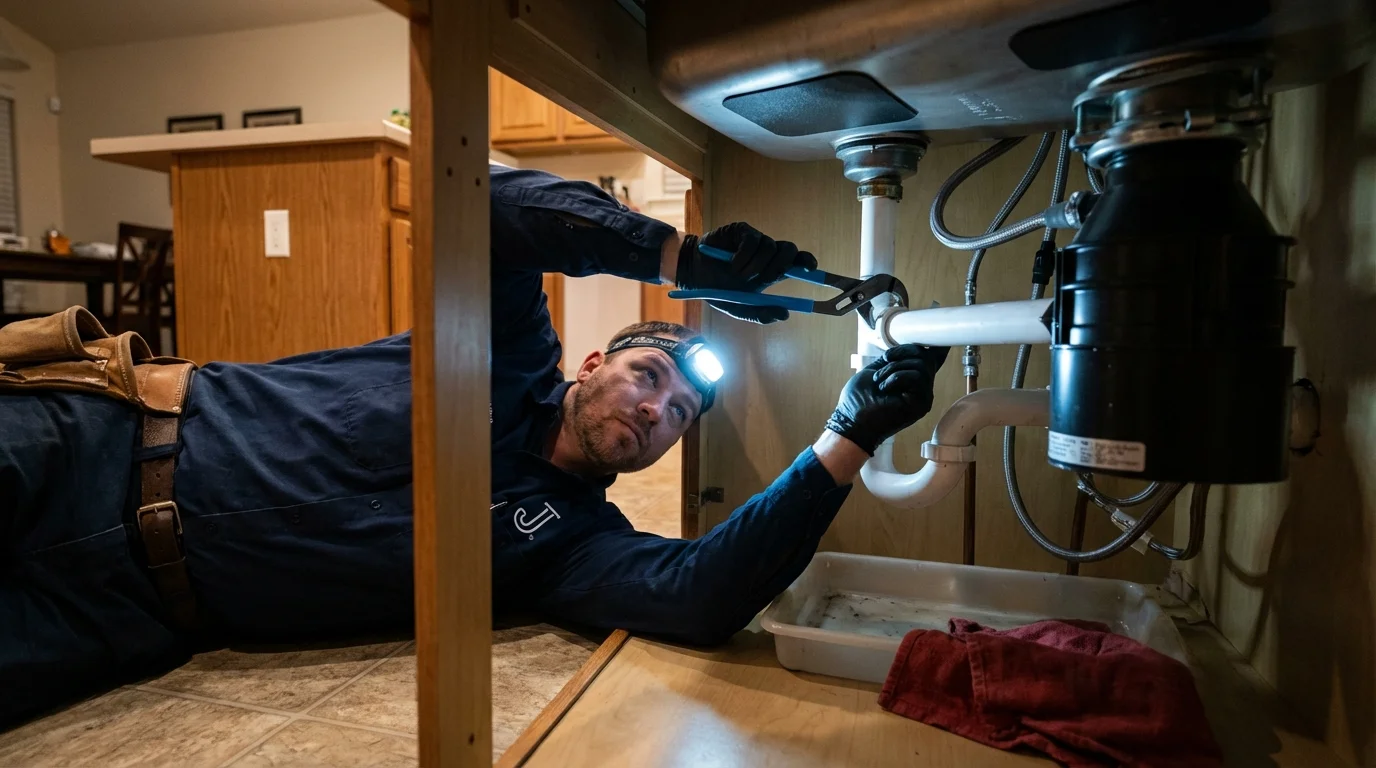 P-trap and supply line connections under a kitchen sink showing a common leak point in Roseland, LA